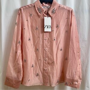 Zara Rhinestone Embellished Button Up Shirt Pink Blush Small